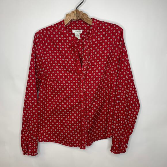 Orvis Red Ruffle Trim Button Up Shirt Sz Medium - Picture 1 of 4